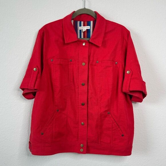 Coldwater Creek Women’s Sz 20 Plus Red Linen Blend Short Sleeve Jacket Utility - Picture 1 of 6